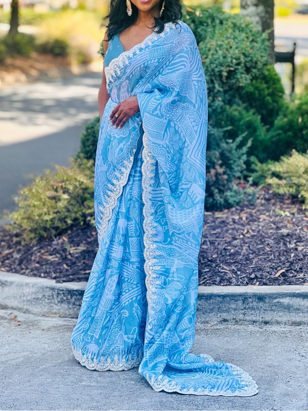Sky Blue Embroidered Women's Saree with Scallop Border